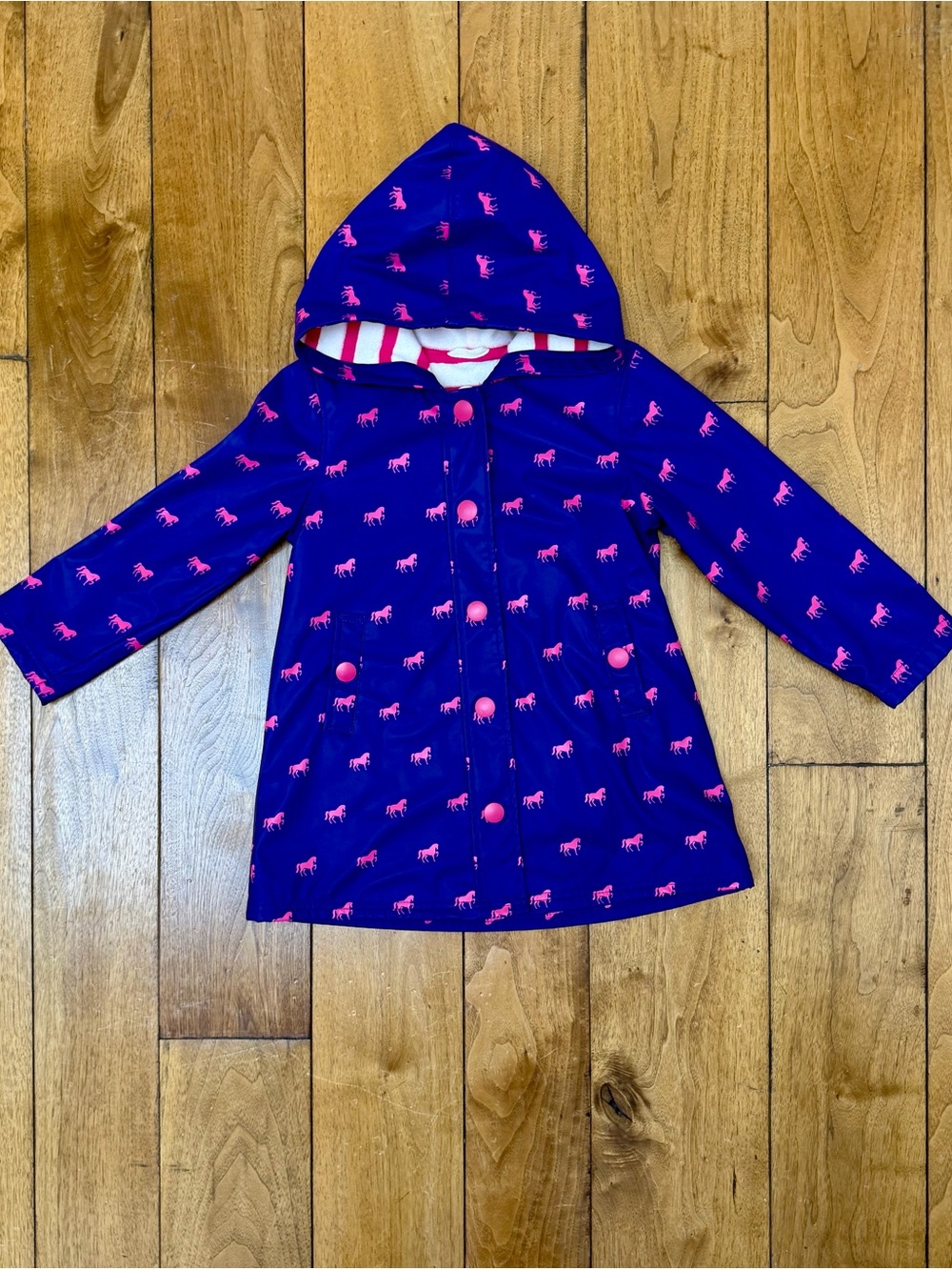 Hatley Girls Raincoat Size 6 Purple w/ Pink Horse Print Hooded Waterproof Jacket